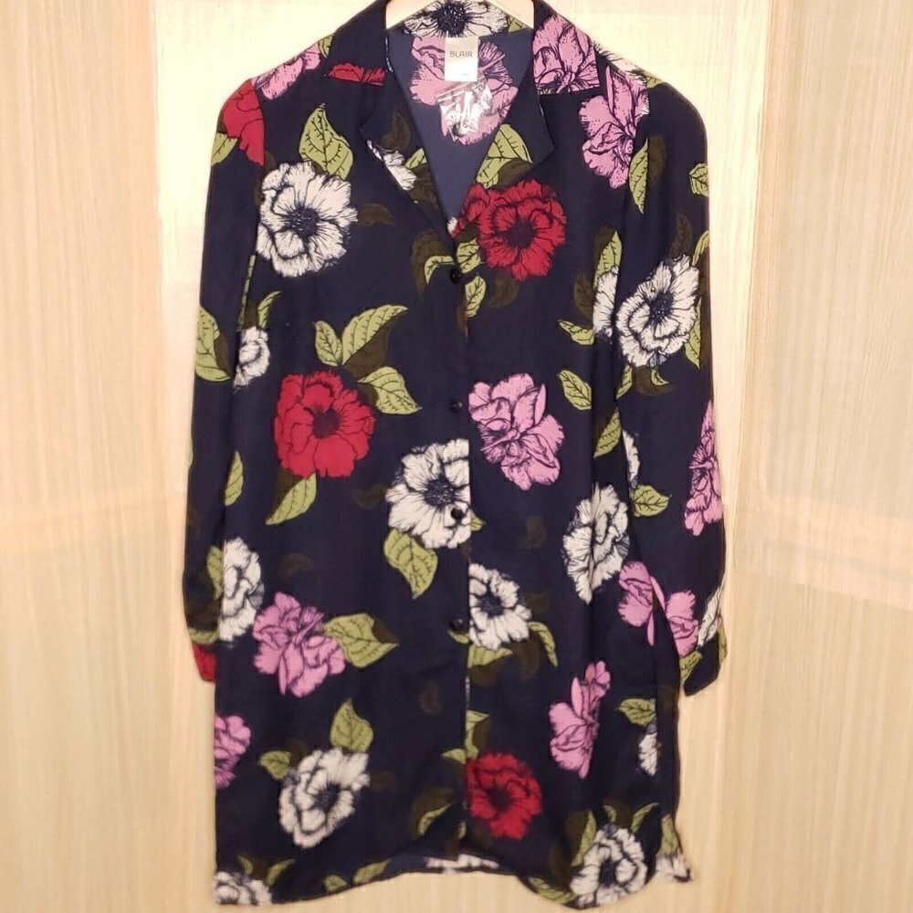 Blair NWOT Womens Navy Floral Button Up Duster Medium